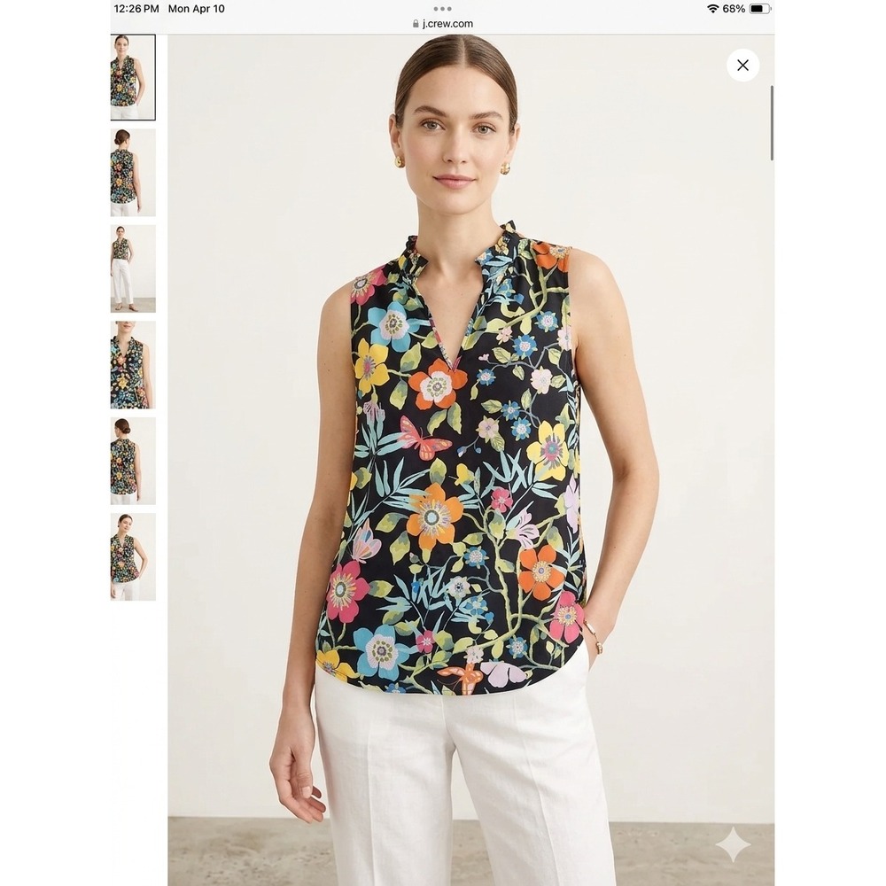 J.Crew Blouse Women 0 Black Floral Liberty Fabric Ruffle Neck Sleeveless Top‎